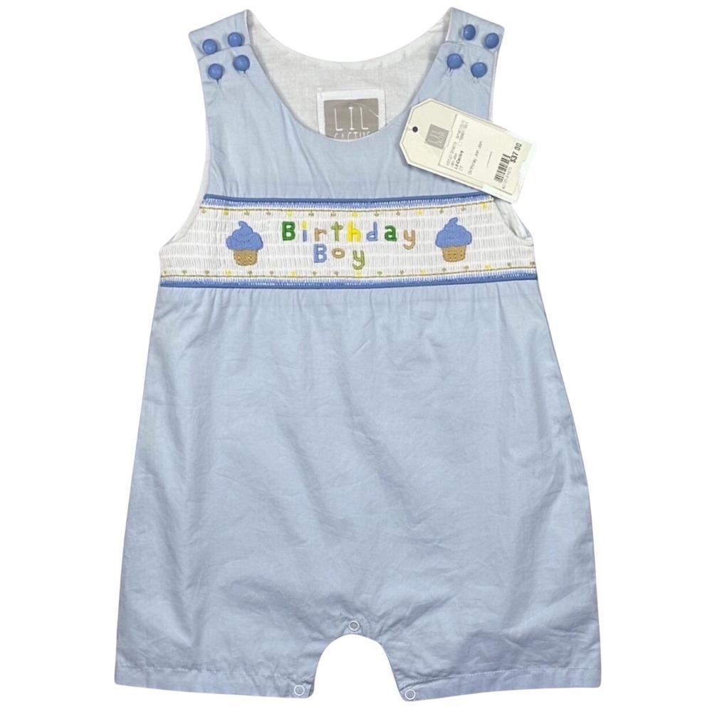 Lil Cactus Happy Birthday Jon Jon Blue Smocked Shortall 2T